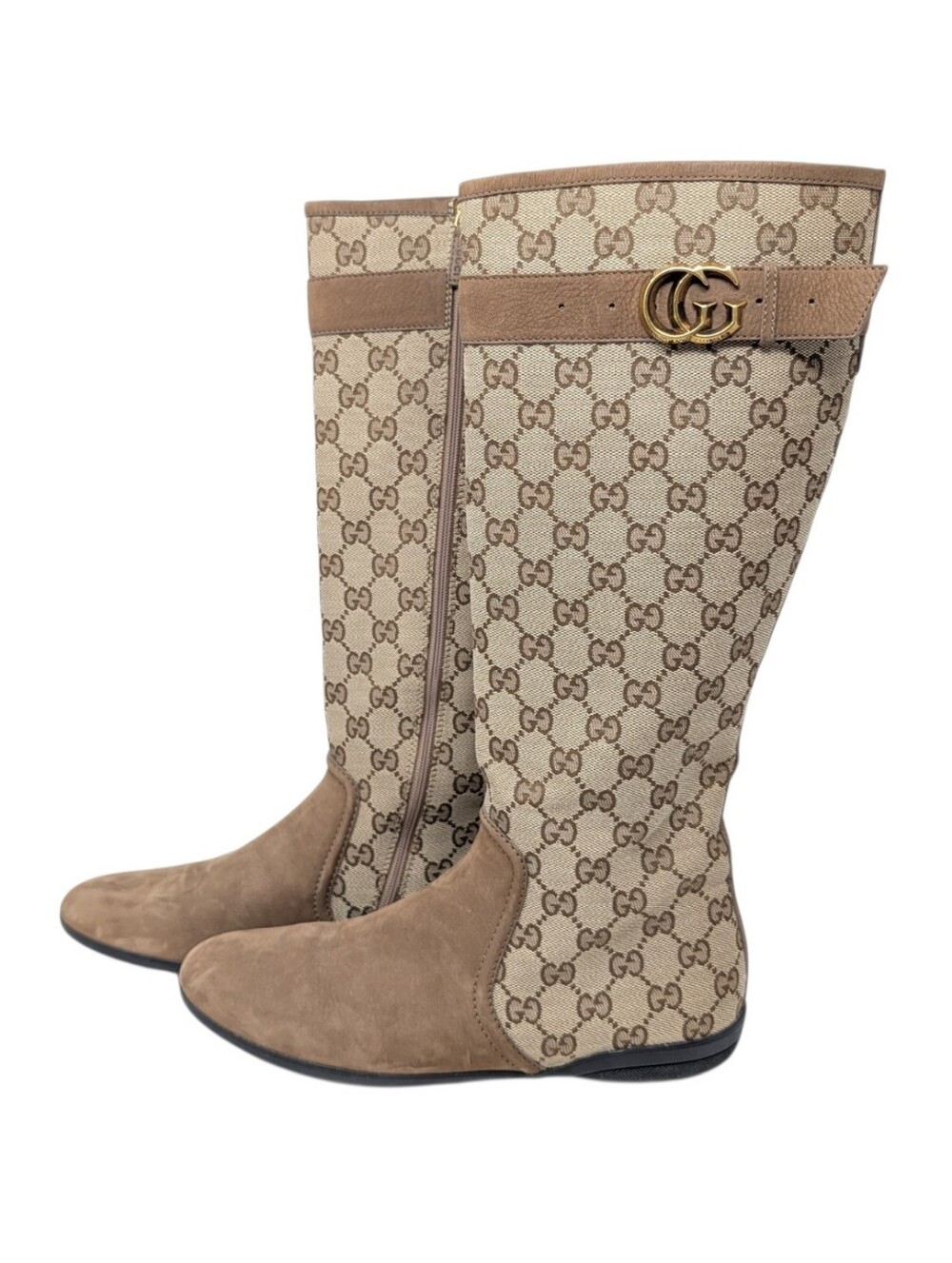 Gucci Monogram Beige Brown Canvas Suede Knee High Flat Riding Boots Size EU 37.5 - Picture 2 of 14